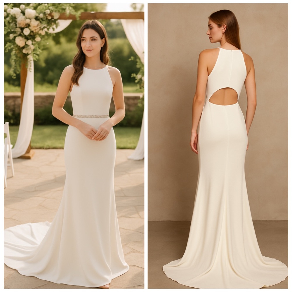 Sherri Hill White High Neck Cutout Back Belted Wedding Gown Size 4